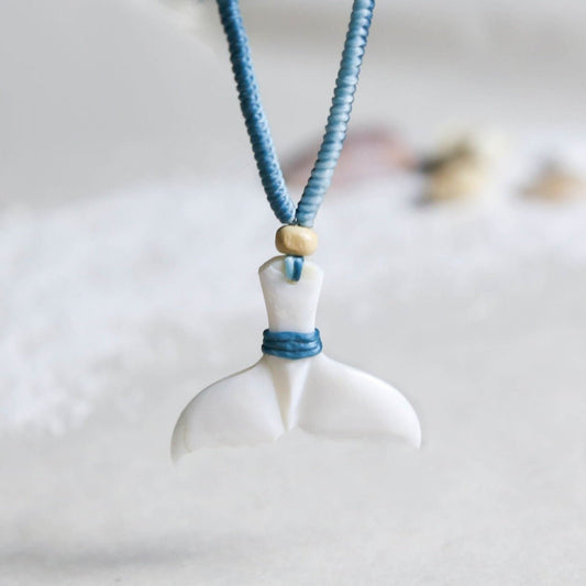 守護鯨落｜貝殼雕刻鯨魚尾 編織蠟線項鍊(粗)